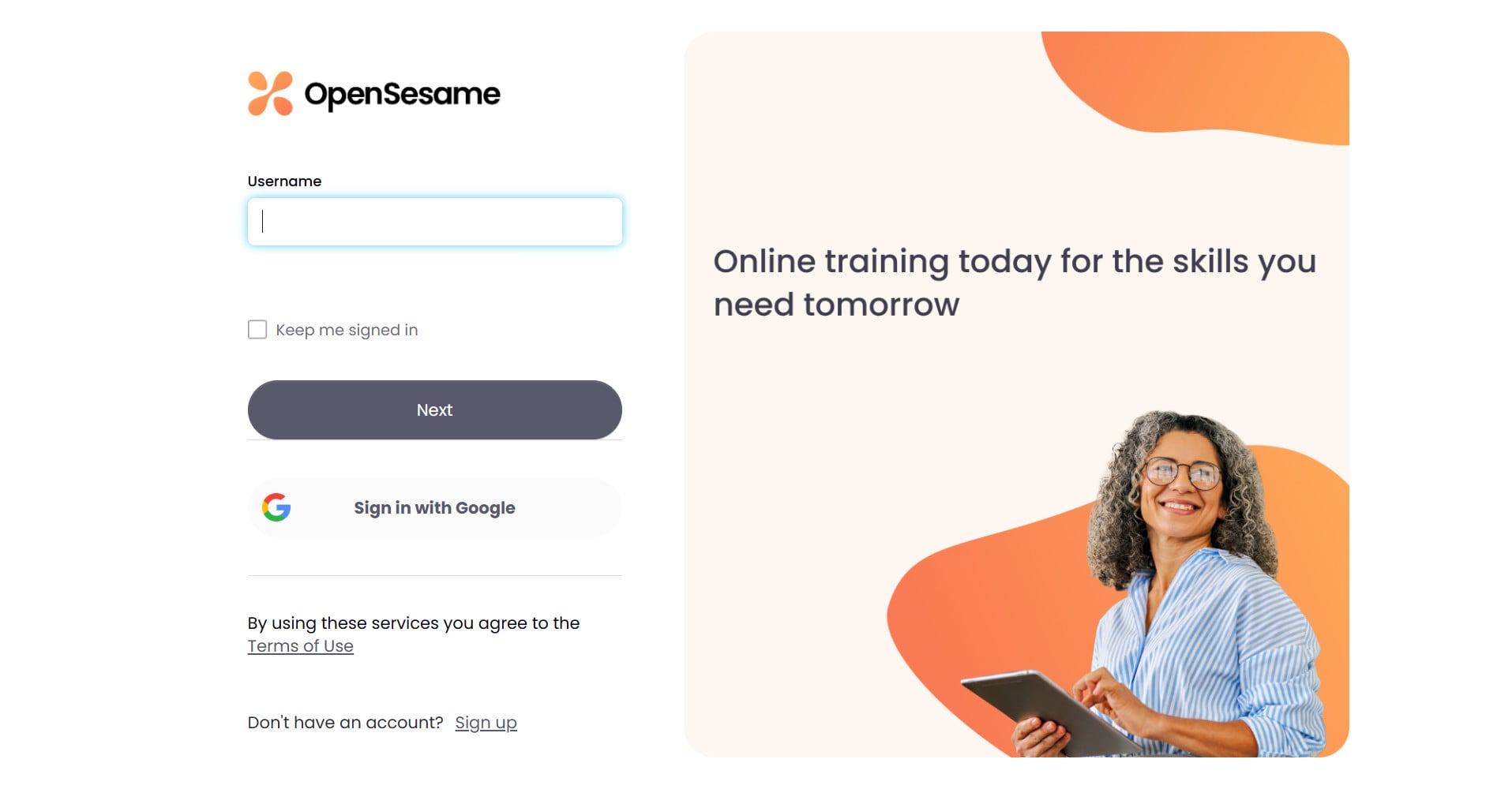 Example of an LMS/LXP login screen, the login to OpenSesame