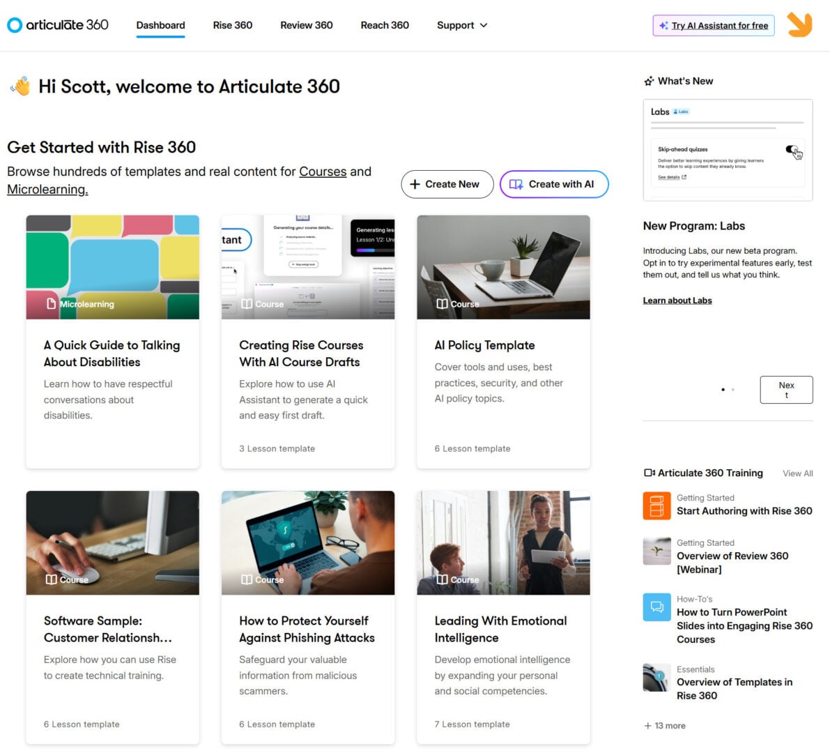 Articulate Rise 360 dashboard